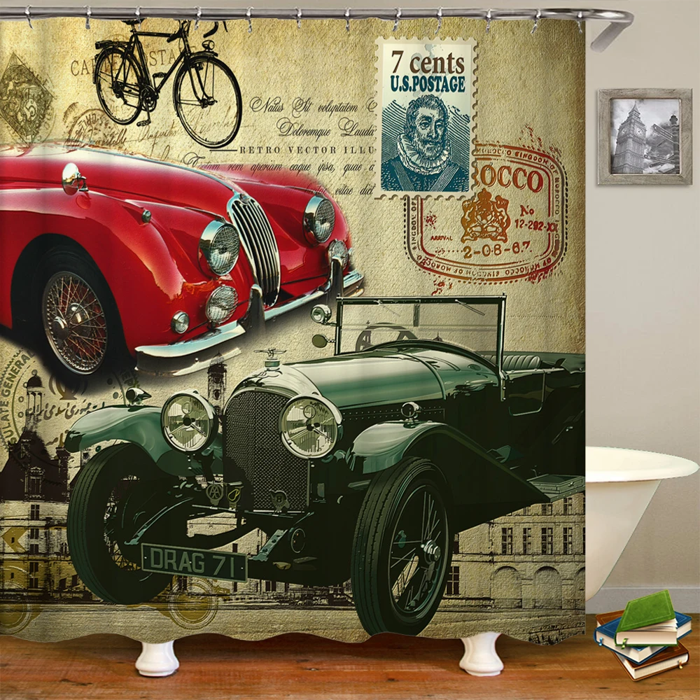 3D Printed Fabric Shower Curtains Retro Old Classic Cars Bath Screens