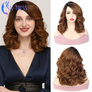 

X-TRESS Synthetic Wigs Lolita Bob Short Wig For Women Light Brown Side Part Curly Wig Heat Resistant Fiber Hairstyle Cosplay Wig