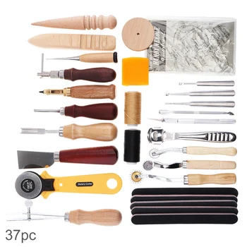 

37pcs DIY Leather Craft Handmade Sewing Stitching Punch Carving Work Kit Set Saddle Groover Waxed Thimble Kit Practical for DIY