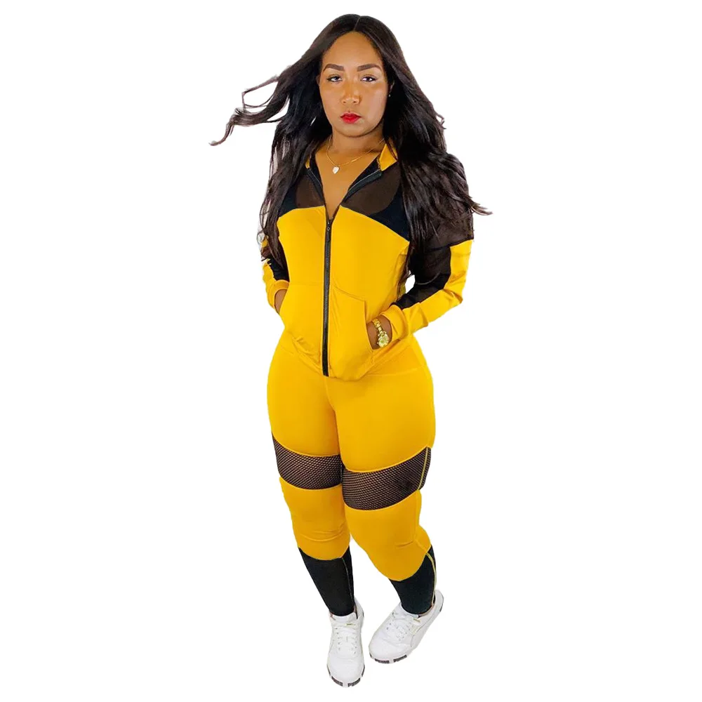 

Summer Autumn Women Two Piece Set Top and Pants Plus Size Tracksuit Sweatsuit Outfit Mesh Patchwork Sexy Casual Sets Zipper