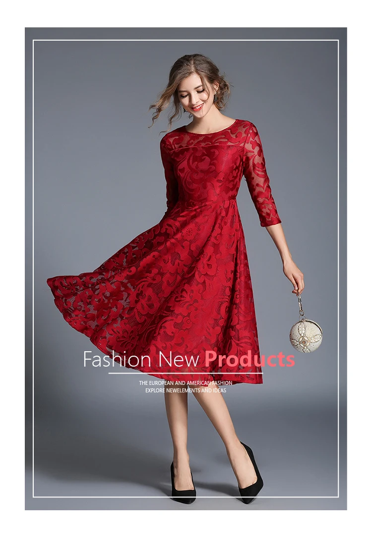 Весеннее и осеннее кружевное платье для женщин, офисное повседневное тонкое модное сексуальное платье с круглым вырезом, ТРАПЕЦИЕВИДНОЕ ПЛАТЬЕ средней длины D9N202Q - Цвет: Red wine