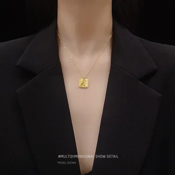 

Greece Hidden the Wing Angel Square Pendant Clavicle Necklace Titanium Steel Material Plated 18K Real Gold P603
