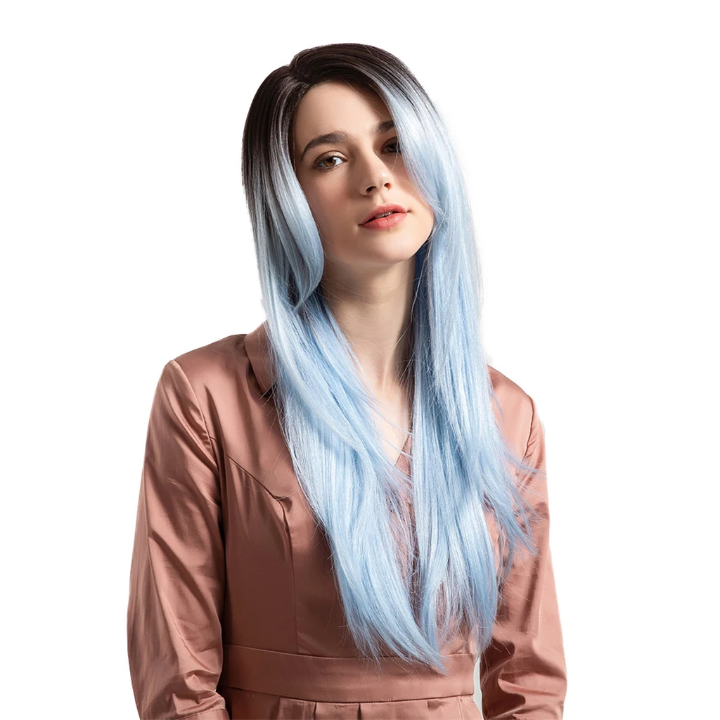 130% Density Wigs Wavy Ombre Synthetic Wig with Black Roots Gradient Blue Parting Half Hand Tied No Lace Front