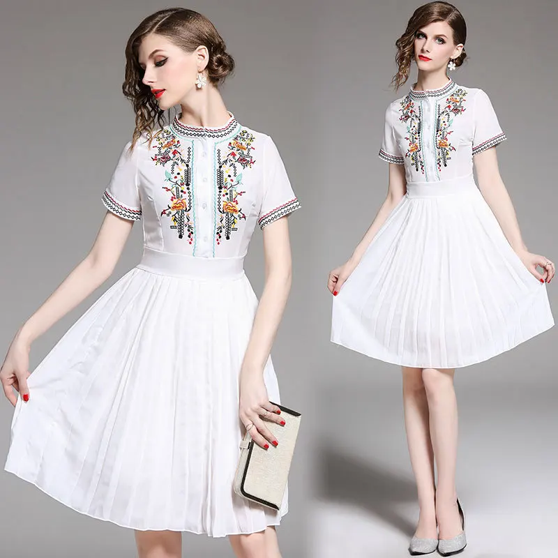 

2019 Summer New Style High-End European Goods Embroidered Short Sleeve Slim Fit Pleated Skirt Chiffon Dress