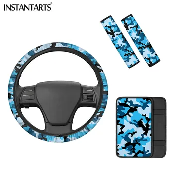 

INSTANTARTS 4pcs Car Decoration Accessories Blue Camouflage Print for Men Reusable Seat Belt Cover Non-slip Armrest Case Cover