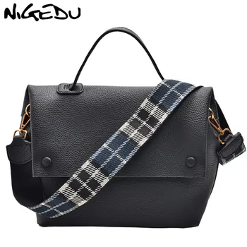 

NIGEDU Women handbag designer Color wide strap Female Shoulder Bags pu leather Messenger Bags Winter new Ladies Big totes green