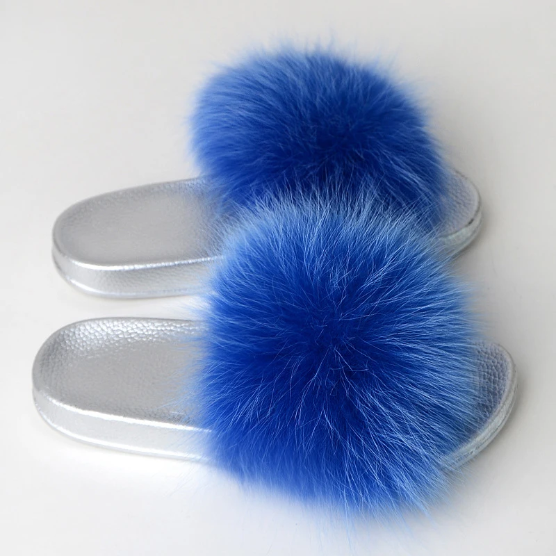 Summer Women's Real Furry Fox Fur Slippers Fashion Simple And Elegant Cute Silver Home Interior Protective Fur Slippers