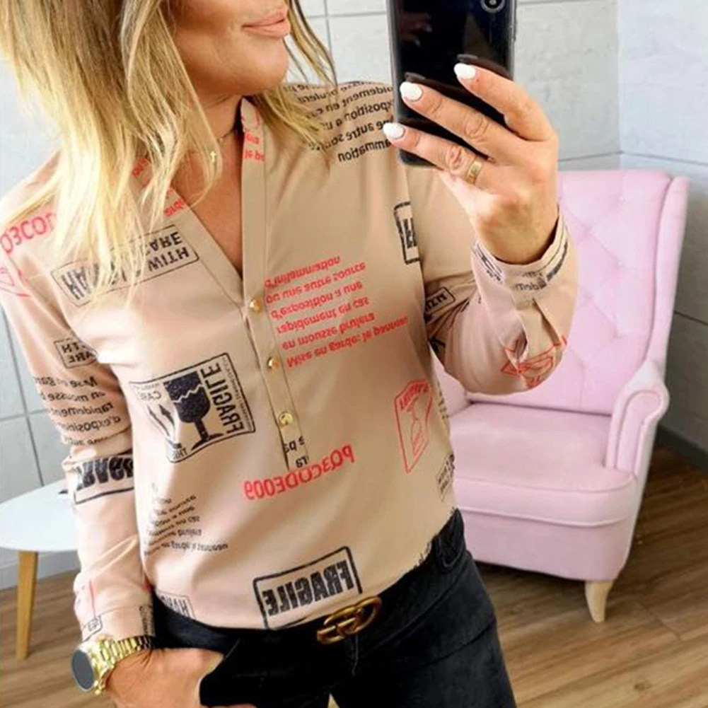 

Women V Neck Letters Printing Button Shirt Tops Female Casual Long Sleeve T-Shirt Tops And Blouses Summer Tops Tunic Blusas #20