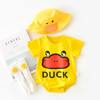 

2PCS Hot Newborn Infant Baby Boys&Girls Clothes Long Sleeve Cartoon Duck Print Romper Jumpsuit+ Sun Hat Outfits Set 0-18M