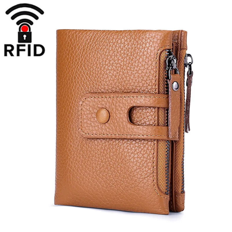 

RFID100% leather men's wallet buckle double zipper short wallet wallet casual leather coin purse