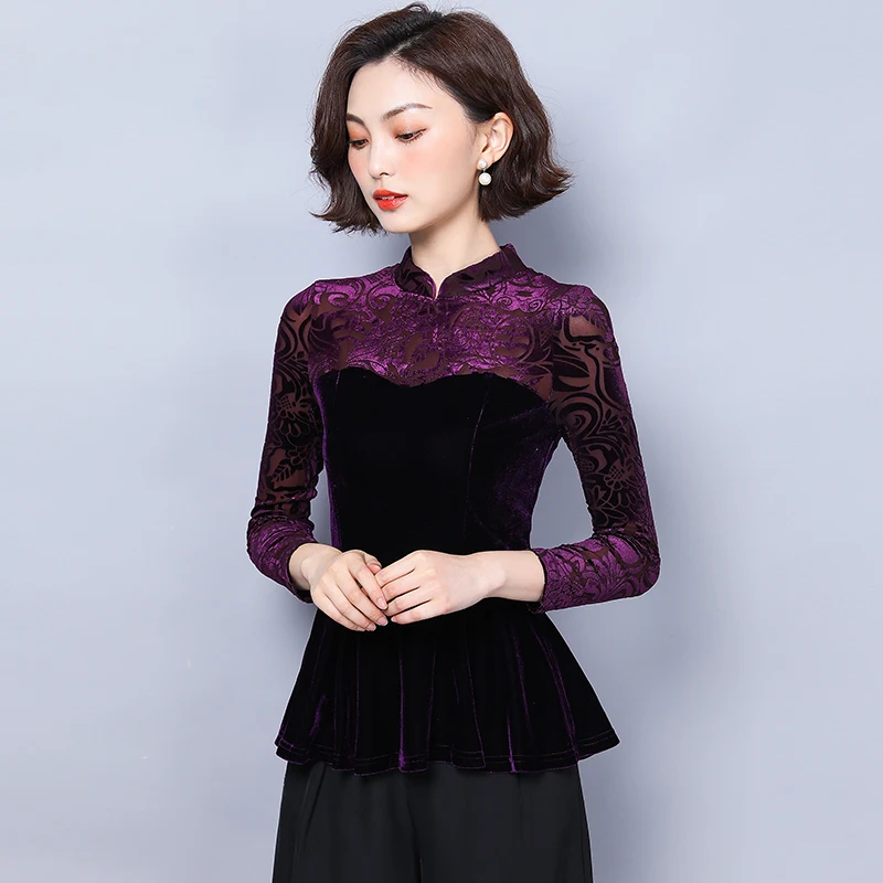  2019 New Autumn Vintage Women Shirts Mandarin Collar Pleuche Chinese Wind Blouse Shirt Sapphire Pur