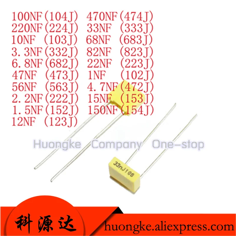 100pcs Polypropylene Safety Plastic Film 100V 1nF ~ 470nF 100nf 220nf 10nf 47nf 22nf 1nf 0.47uf 0.1uf Correction capacitor P5MM (2)