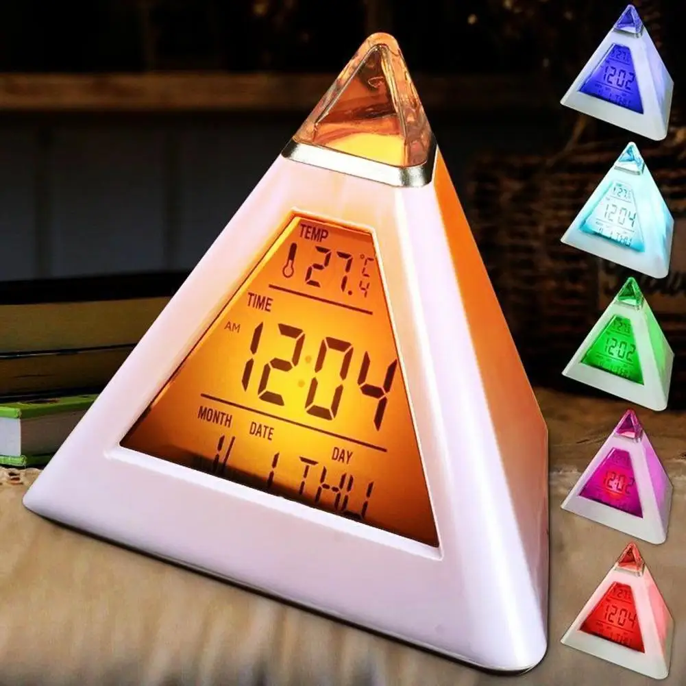 

Table Clocks Triangled 7 Colors Changing LED Temperature Week Display Digital Alarm Clock Table Decor Clocks Room Bedside Clock