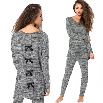 

Casual Sleepwear Pajamas Set Spring Pajamas For Women Grey Bow Long Sleeve Women Top And Pants Pajamas Sets