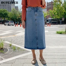 BGTEEVER женские сексуальные джинсовые юбки Корея Модные Карманы Дамская средняя удлиненная юбка высокая талия винтажные юбки-карандаш Femme