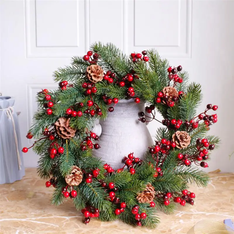 45 X 45 X 8cm Plastic Christmas Garland With Ribbon Pine Twigs Pine Cones Berries Wall Door Decoration Wreath For Hotel Home