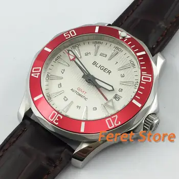 

2019 New 41mm Bliger GMT Automatic watch men Violet Red Luxury mechanical waterproof white dial leather strap leisure style