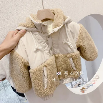 

Children 's Fleece -Lined Sweater 2020 Korean Autumn and Winter Pullover Children Boys Lamb Wool Color Matching Warm Hoodie
