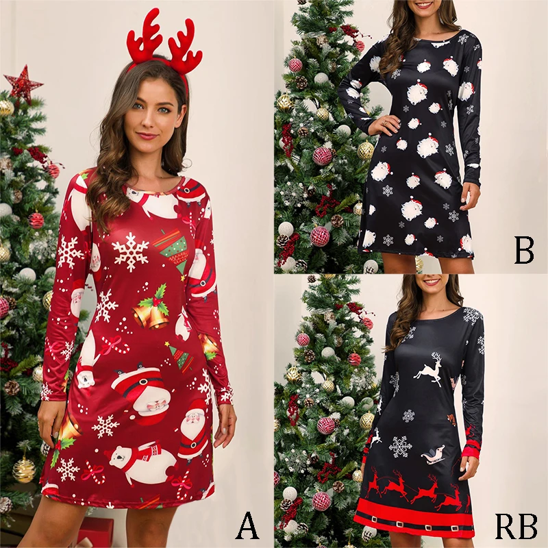 L-3XL размера плюс, рождественское платье с длинным рукавом, рождественское платье с мультяшным принтом, свободное повседневное платье, женское платье для вечеринки