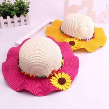 

New Fashion Summer Kids Girls Straw Hats Sunflower Wood Beads Children Beach Cap Baby Photography Props Baby Girl Sun Visor Caps