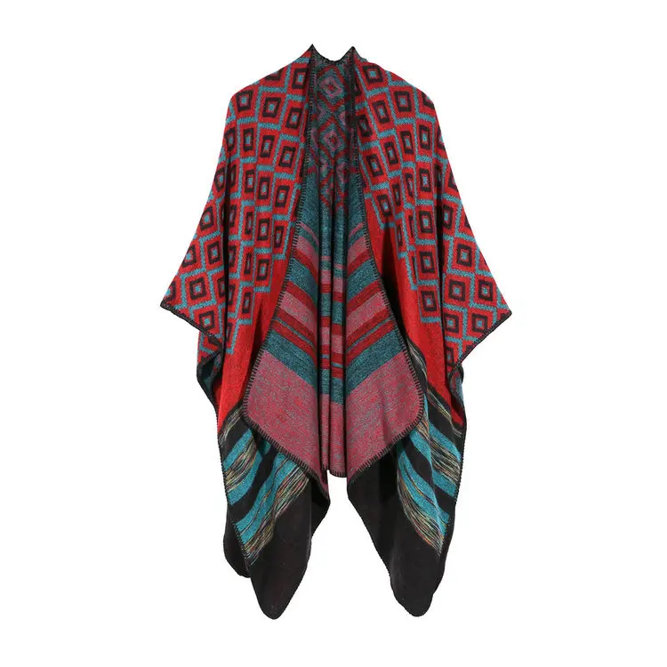 Hot Selling Women's New Style Big Brand Rhombus Color Stripes Shawl Faux Cashmere Travel Slit Shawl Cloak