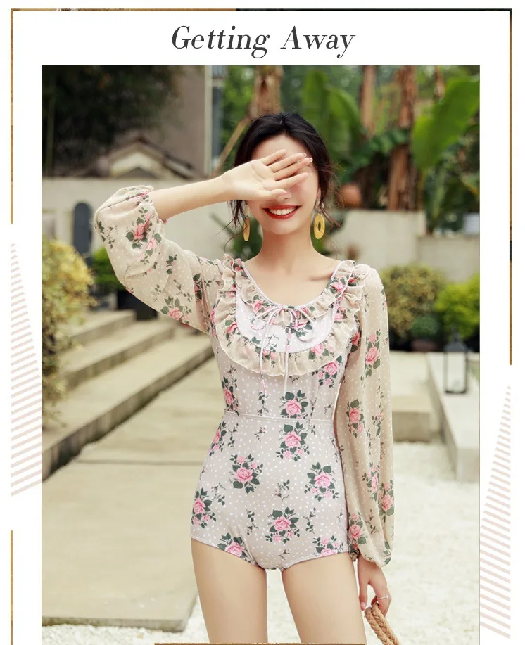 One Piece Swimsuit Female Plus Size Women Woman Fused Swim Wear Swimwear Flowers Super Fairy Lace Long Sleeve Slender Over
