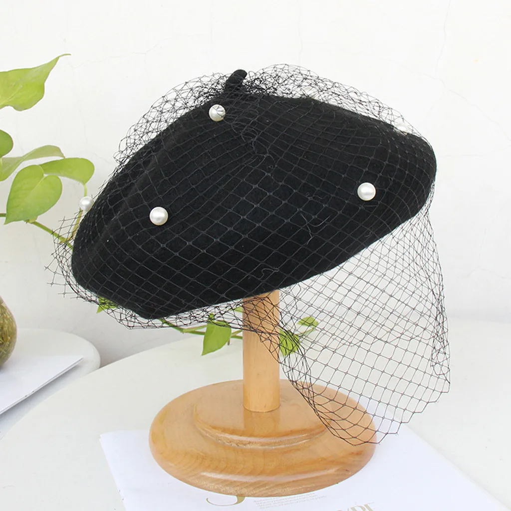 Женские весенне-Зимние береты, шапка художника, стильные женские винтажные береты с жемчугом и марлей, одноцветные женские теплые шапочки для прогулок, 19 oct29