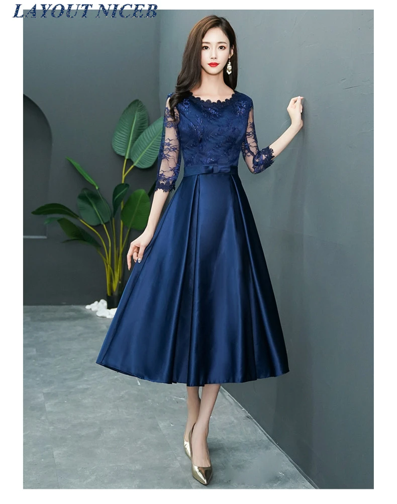 navy blue tea length formal dress