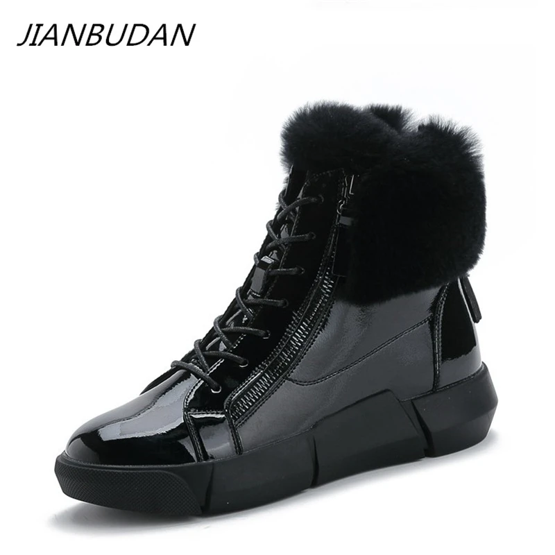 JIANBUDAN, botines de invierno impermeables de charol, botas de nieve planas informales para mujer, botas de felpa cálidas con cremallera, zapatos de algodón 35 40|Botas de nieve| - AliExpress