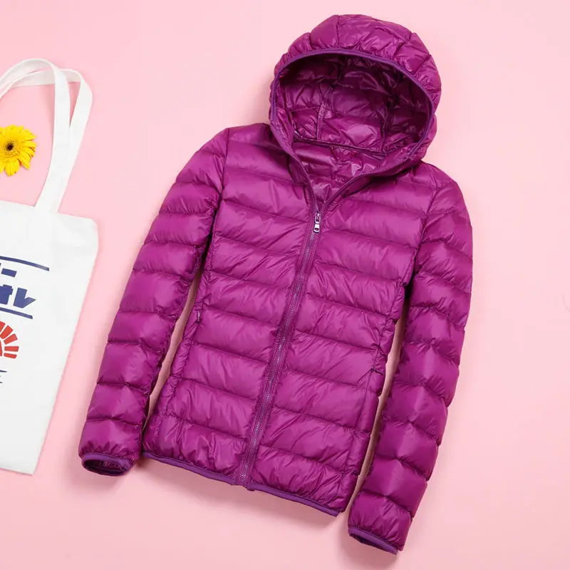 purple Высококачественная ультра легкая куртка на утином пуху, женская тонкая теплая куртка с длинным рукавом, Женская Повседневная зимняя куртка с капюшоном, большие размеры - Цвет: purple