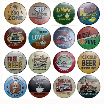

BBQ Pizza Zone Round Tin Sign Cold Beer Plaque Vintage Bar Pub BBQ Shop Decor Metal Plate Posters Wall Hanging Art Iron Painting