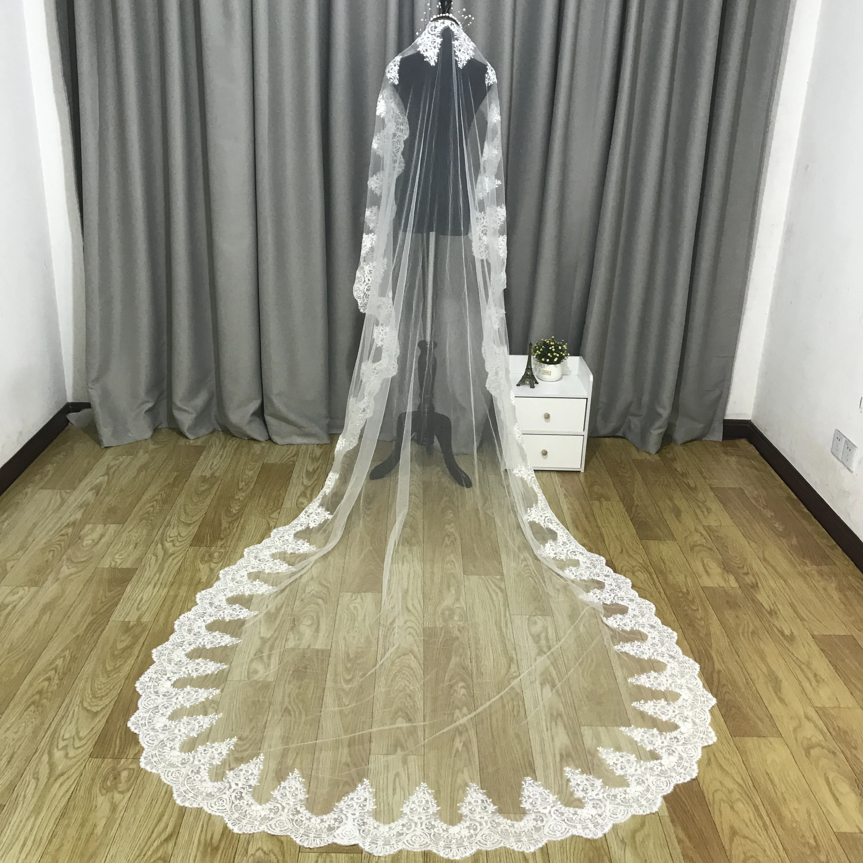 Hot sale 3M Long Wedding Veil Full Decal  Applique Edge One Layer Cathedral Veils Two Uses With Comb Tulle Bridal Veil No Sequin