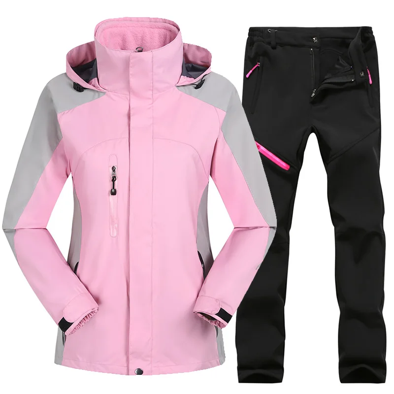 Зимний лыжный костюм для женщин, лыжный и сноубордический комплект, утолщенные теплые водонепроницаемые ветрозащитные лыжные куртки, костюмы, уличные зимние куртки+ брюки - Цвет: Pink   Black