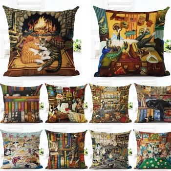 

Cute Cat Printed Pattern Cotton Linen Decorative Pillow Case Pillowcase Christmas Chair Cushion Cover Home Decoration