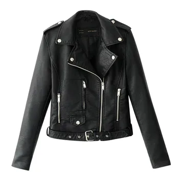 

women's leather jacket куртка кожаная женская Lapel Motor Jacket Coat Zip Biker Short Punk Cropped Tops #3