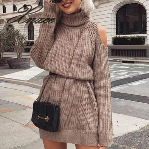 

Xnxee Autumn Winter Turtleneck Off Shoulder Knitted Sweater Dress Women Solid Slim Plus Size Long Pullovers Knitting Jumper