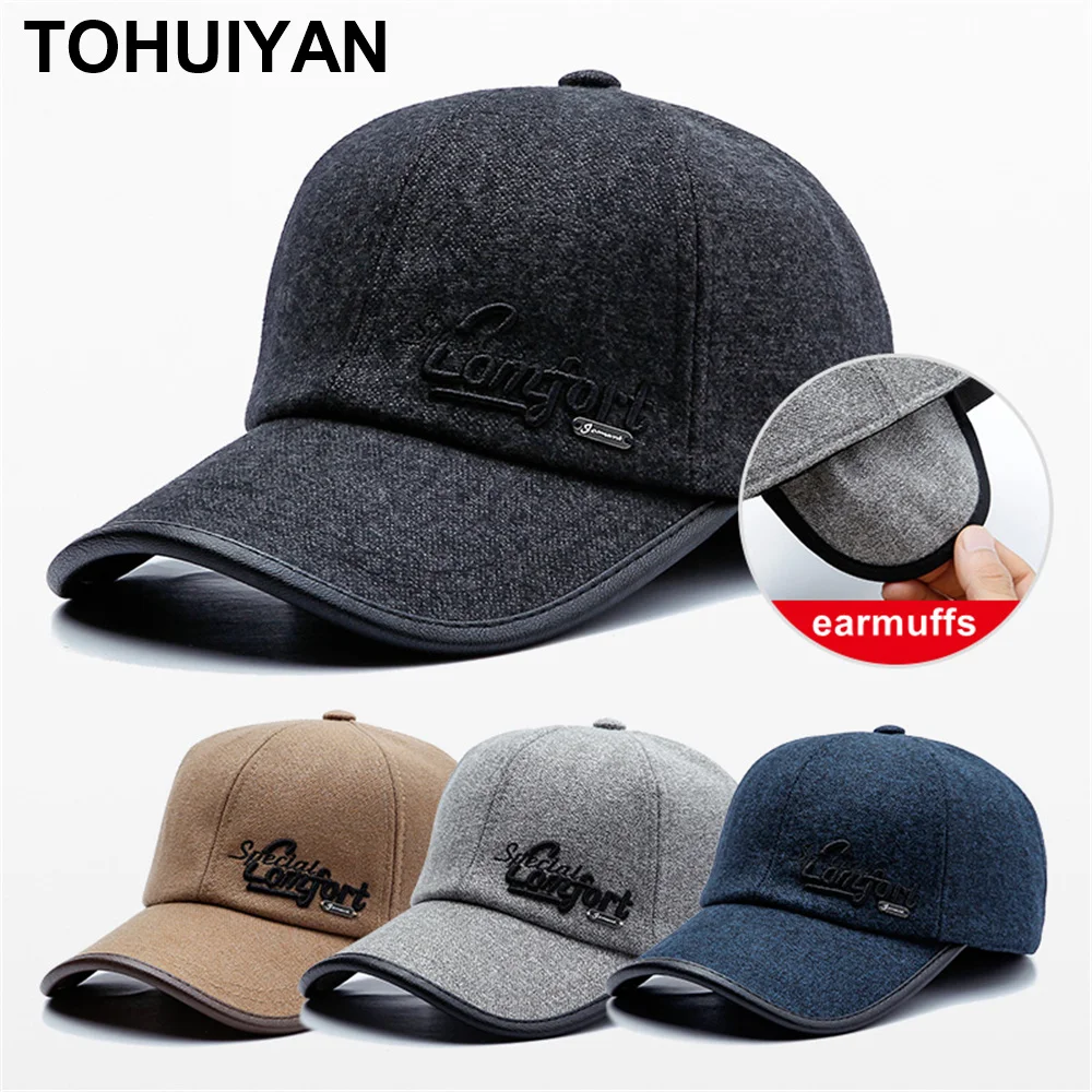 

TOHUIYAN Wholesale Woolen Baseball Cap With Earflaps Fall Winter Warm Hats For Men Gorras Curved Brim Hats Bone Snapback Caps