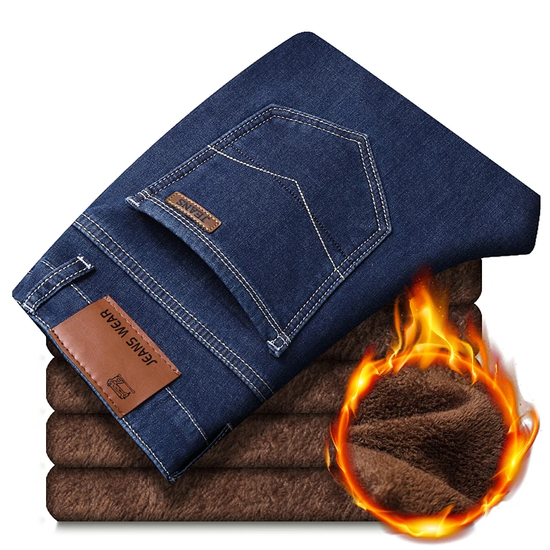 Мужские теплые черные джинсы большого размера, модные деловые классические прямые эластичные джинсы, джинсовые мужские штаны, одежда - Цвет: 807 blue warm