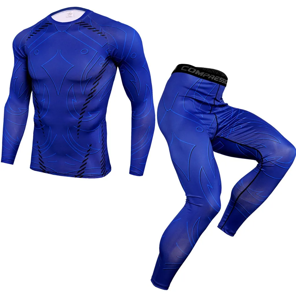 Спортивный костюм из 2 предметов, Мужская компрессионная футболка с длинным рукавом, комплект с принтом, толстовка+ леггинсы, термобелье для фитнеса, 9,2