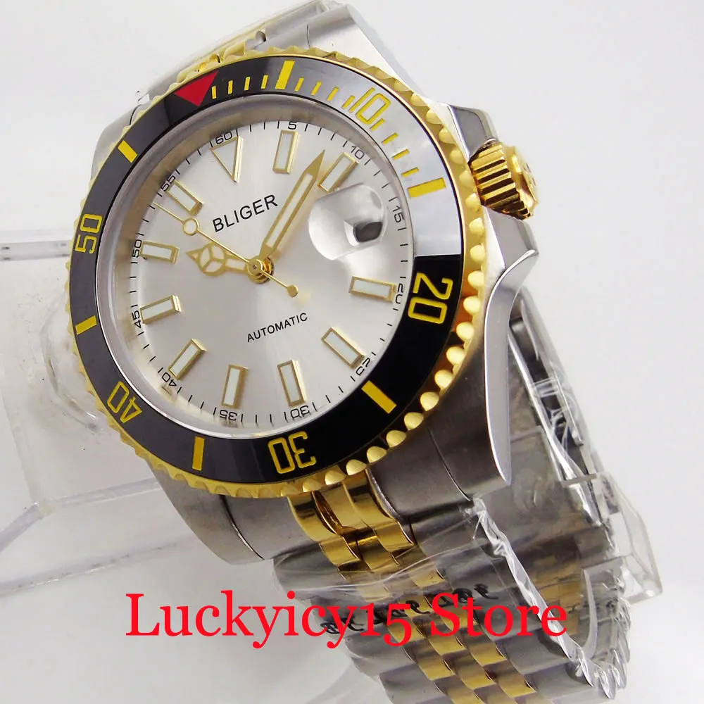 

BLIGER New Gold Plated Self Winding Men Watch Jubilee Band Ceramic Bezel Gold Hands MIYOTA Movement