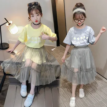 

Girls Dress Summer Wear 2020 New Style Summer Western Style Trend Mesh Skirt CHILDREN'S Short-sleeved T-shirt Skirt Suit
