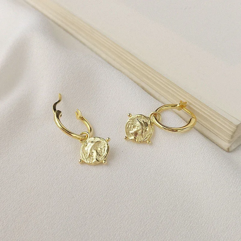 

Gold Emboss Coin Vintage Big Circle Earings 925 Sterling Silver Drop Earrings For Women Fine Jewelry Plata De Ley 925 Mujer