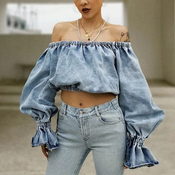 

Women Denim Crop Blouse Off Shoulder Lantern Sleeve Jeans Shirt Tops 2020