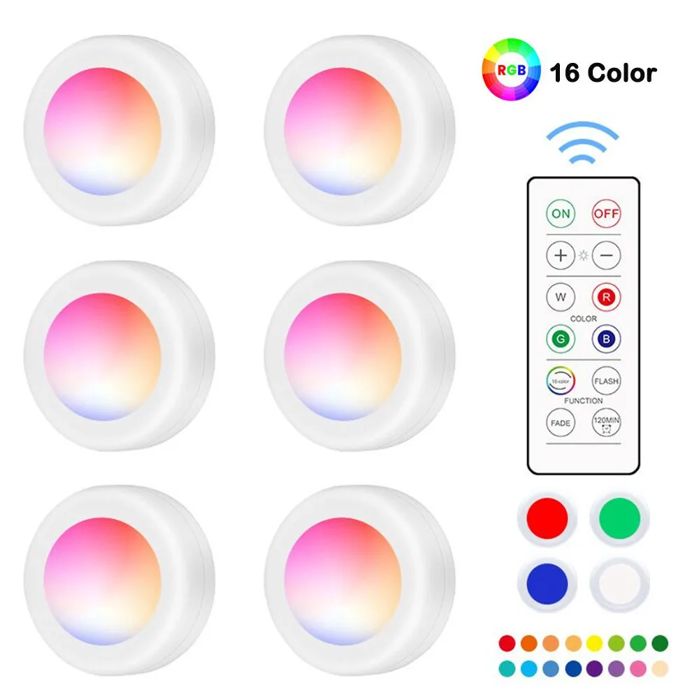 Stick On Light Timing Function Under Counter Lighting Closet Light Battery Powered Lights Wireless LED Puck Light RGB 6 Pack with Remote Control 16 Color Changing LED Under Cabinet Lighting 