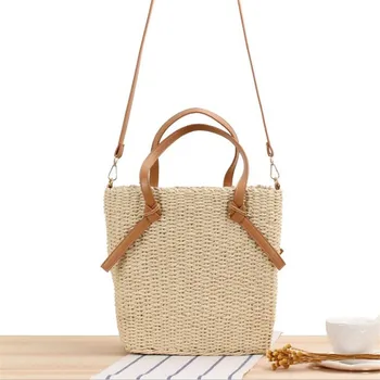 

2020 women handmade straw shoulder bags casual travel bucket bags holiday beach bags with leather belt drop shipping MN1701
