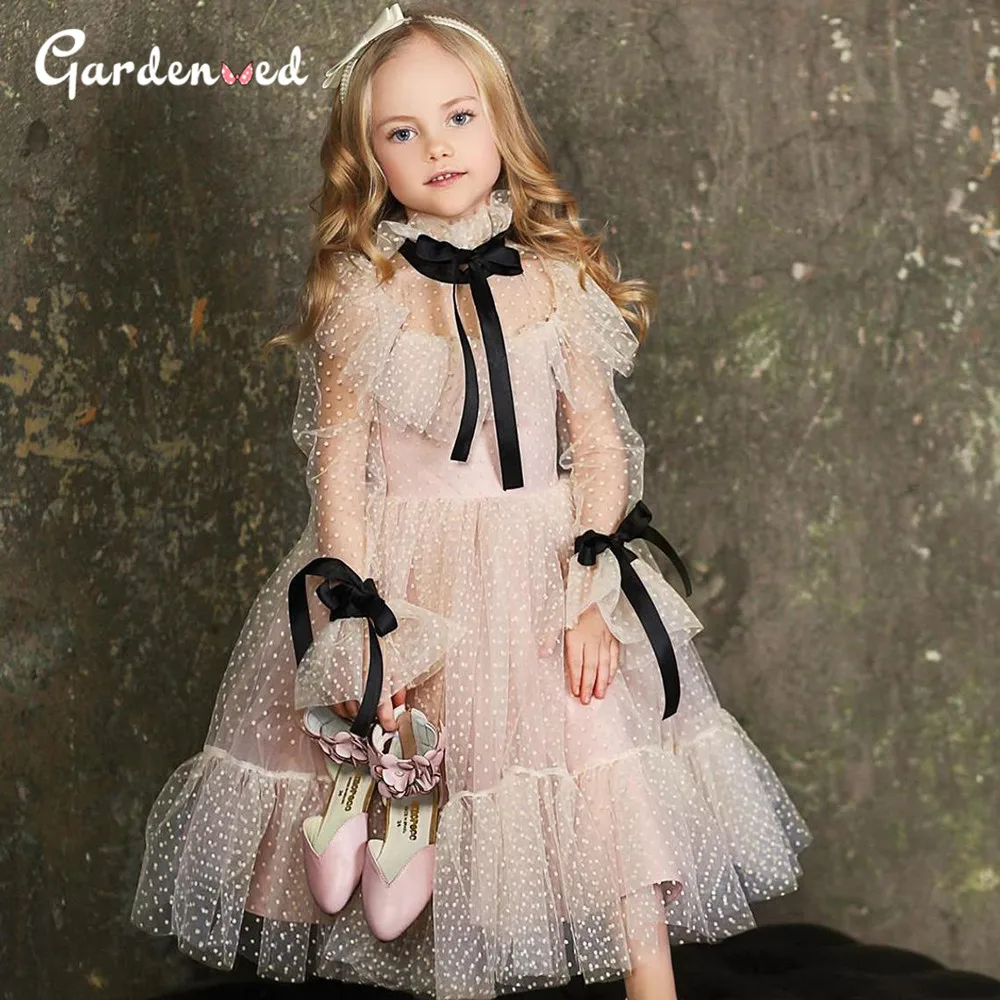 Polka-dot Tulle Flower Girl Dresses Illusion Long Sleeves Girl Wedding Party Dress Ribbons Communion Dress Birthday New Year