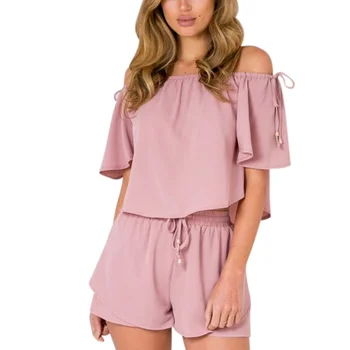 

2020 New Sexy Body Suits for Women Ladies Summer Off Shoulder Clothes Outfits Chiffon Thin Tops Short Clothes Set