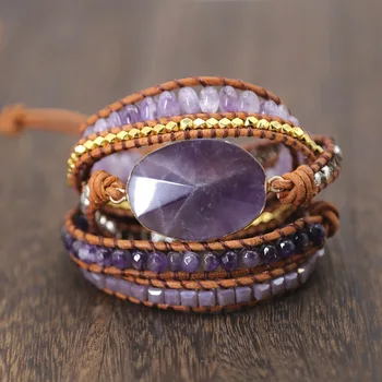 

LZHLQ Natural Stone Bracelet Purple Quartz Leather Wrap Bracelets for Women Rose Gems Crystal Beads Bohemia Jewelry 5 Strands