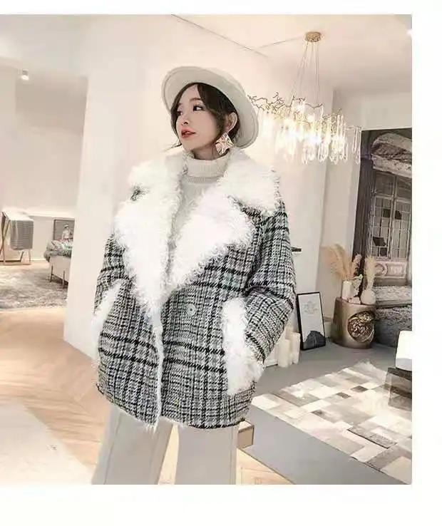 Woman Plaid Woolen Coat Fleece Warm Lamb Blazer Jacket