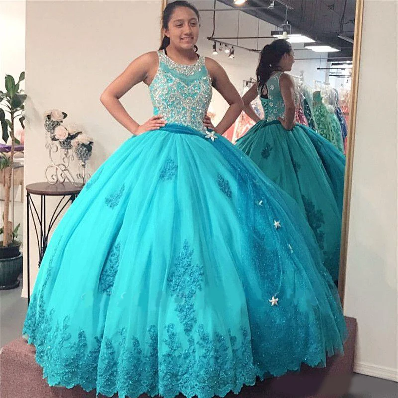 Aqua Teal Gaun Bola Quinceanera Gaun 